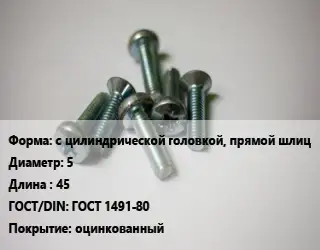 Винт с цилиндрической головкой, прямой шлиц 5х45 ГОСТ 1491-80 оцинкованный